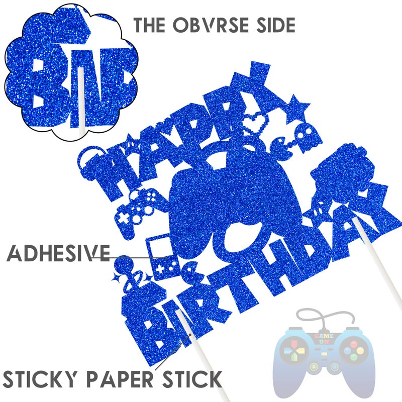 umoni Video Game Birthday Cake Topper Game On Controllers GamePad Cake Decoration Glitter Video Game Theme Party Supplies for Gamer Kids Boys Favors Game Cake Picks Birthday Party Supplies(Blue) - Image 2