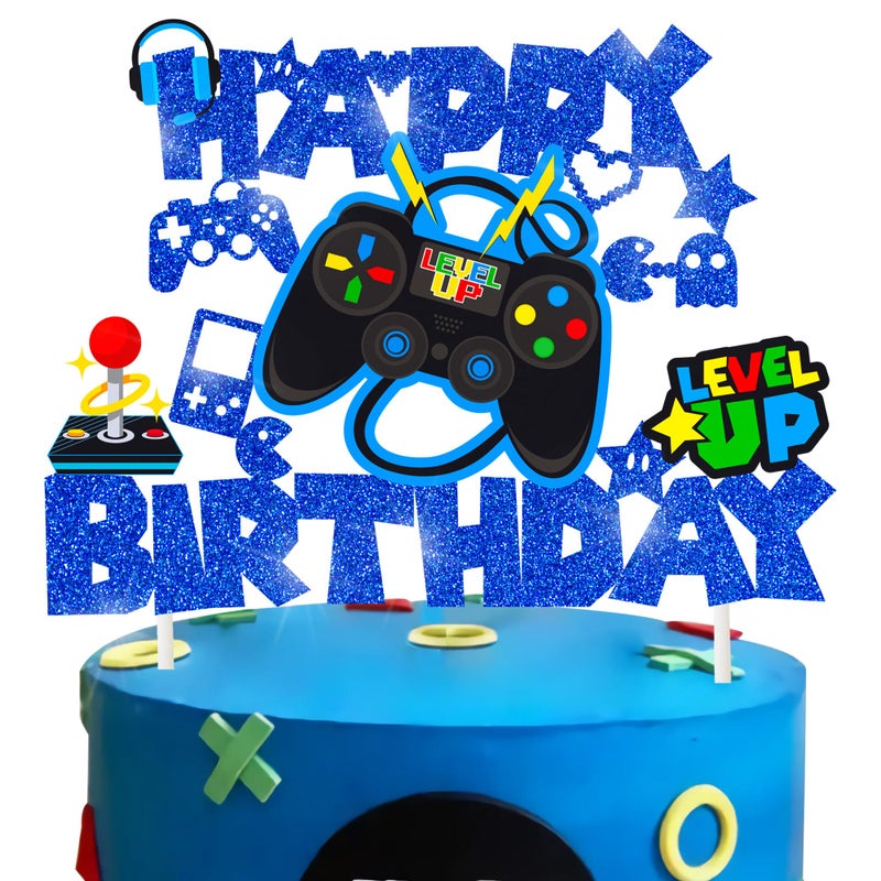 umoni Video Game Birthday Cake Topper Game On Controllers GamePad Cake Decoration Glitter Video Game Theme Party Supplies for Gamer Kids Boys Favors Game Cake Picks Birthday Party Supplies(Blue) - Image 1
