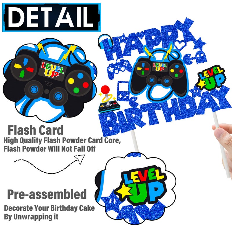 umoni Video Game Birthday Cake Topper Game On Controllers GamePad Cake Decoration Glitter Video Game Theme Party Supplies for Gamer Kids Boys Favors Game Cake Picks Birthday Party Supplies(Blue) - Image 5