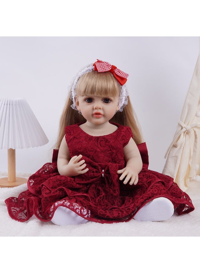 سكت شيكترو دمية طفلة رضيعة بفستان أحمر بطول ٢٢ بوصة، دمية طفلة رضيعة واقعية، مصنوعة يدويًا من السيليكون الناعم والفينيل، دمية طفلة رضيعة واقعية، مجموعة لعب. - Image 1