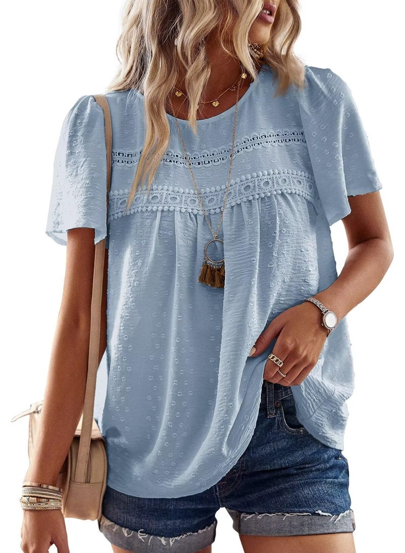 Falechay Light Blue Tops for Women Solid Flowy Blouse for Women Dressy Short Sleeve Bohemian Crewneck Tunictop Fall S - Image 1