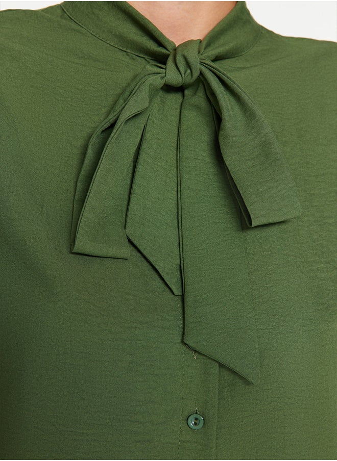 Khaki Scarf-Length Regular Pattern Woven Shirt with Draped Sleeves TWOSS21GO0098