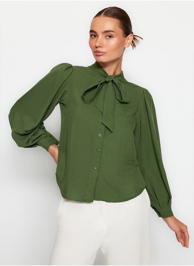 Khaki Scarf-Length Regular Pattern Woven Shirt with Draped Sleeves TWOSS21GO0098
