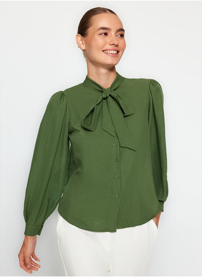 Khaki Scarf-Length Regular Pattern Woven Shirt with Draped Sleeves TWOSS21GO0098