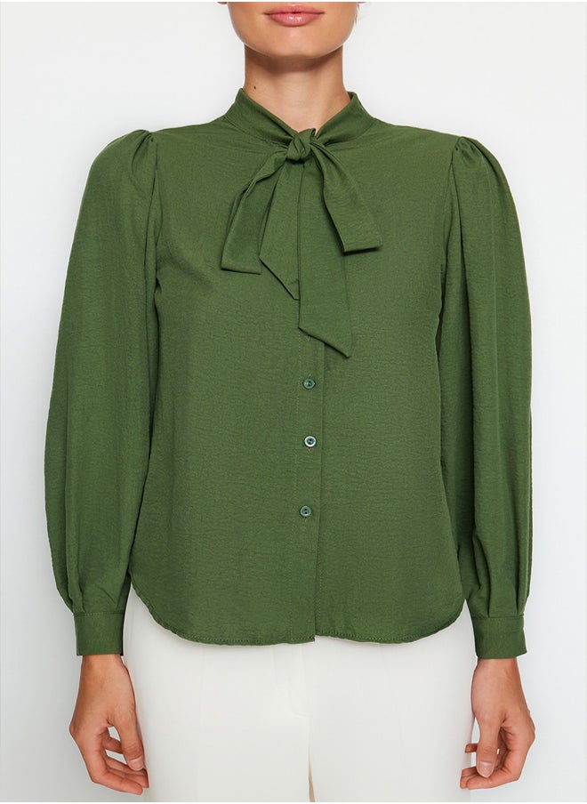 Khaki Scarf-Length Regular Pattern Woven Shirt with Draped Sleeves TWOSS21GO0098