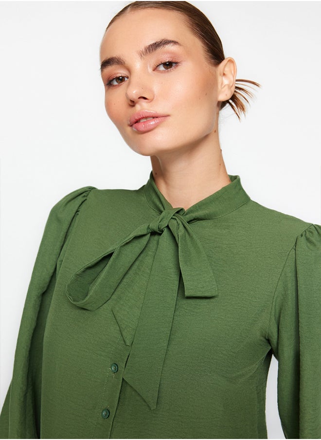 Khaki Scarf-Length Regular Pattern Woven Shirt with Draped Sleeves TWOSS21GO0098