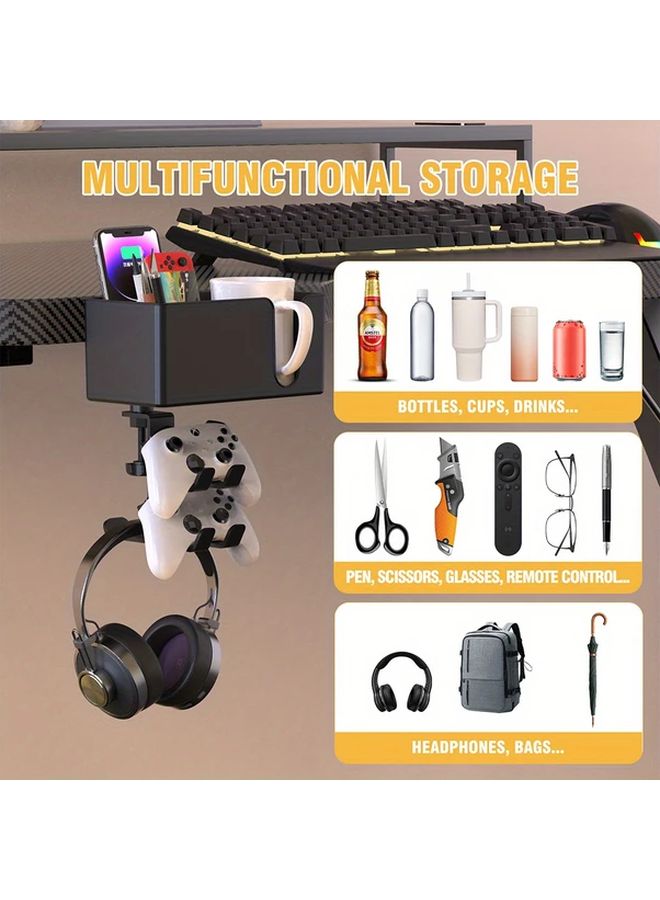 5 In 1 White Under Desk Storage Rack With 360 Rotating Metal Bracket Cup And Headphone Holder - Image 2