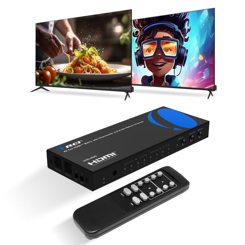 OREI 4K HDMI Matrix Switch with Downscaler ARC 4x2 HDMI Matrix Switch 4K HDMI 20 HDCP 22 18Gbps 4K60Hz HDR Dual Audio Extraction Optical 35mm IR Remote UHD402D - Image 2