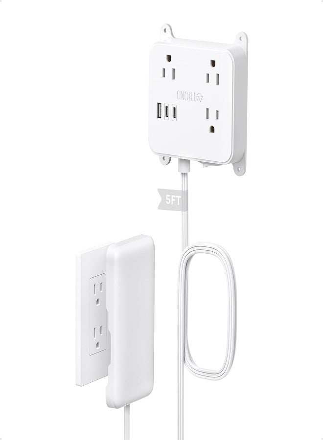 TROND Flat Power Strip with Outlet Cover, 3 AC Widely Spaced Wall USB Plug Extender, 5FT Extendable Outlet Extension Cord, Wall Mount Behind TV, Hidden Under in-Drawer Desk Cabinet Vanity Counter - Image 1