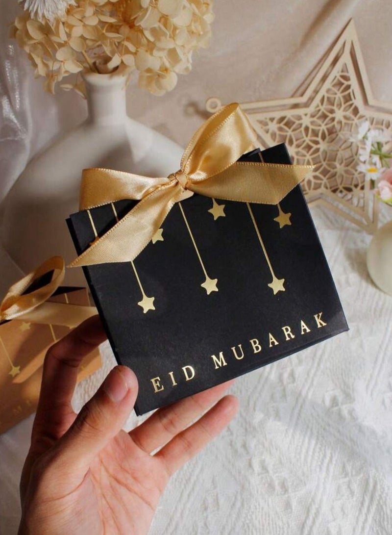 Set of 5 luxurious small black gift boxes with elegant gold ribbons, size 11.50×10×4.5 cm | Includes an Eid greeting, perfect for presenting sweets, chocolates, and small gifts, for Eid al-Adha giveaways. - Image 4