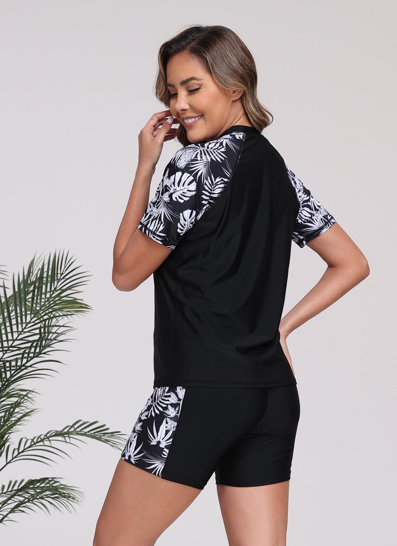 Halcurt Womens Short Sleeve Rash Guard Swim Shirt Two Piece Swimsuits with Built in Bra Long Shorts Black M - Image 2