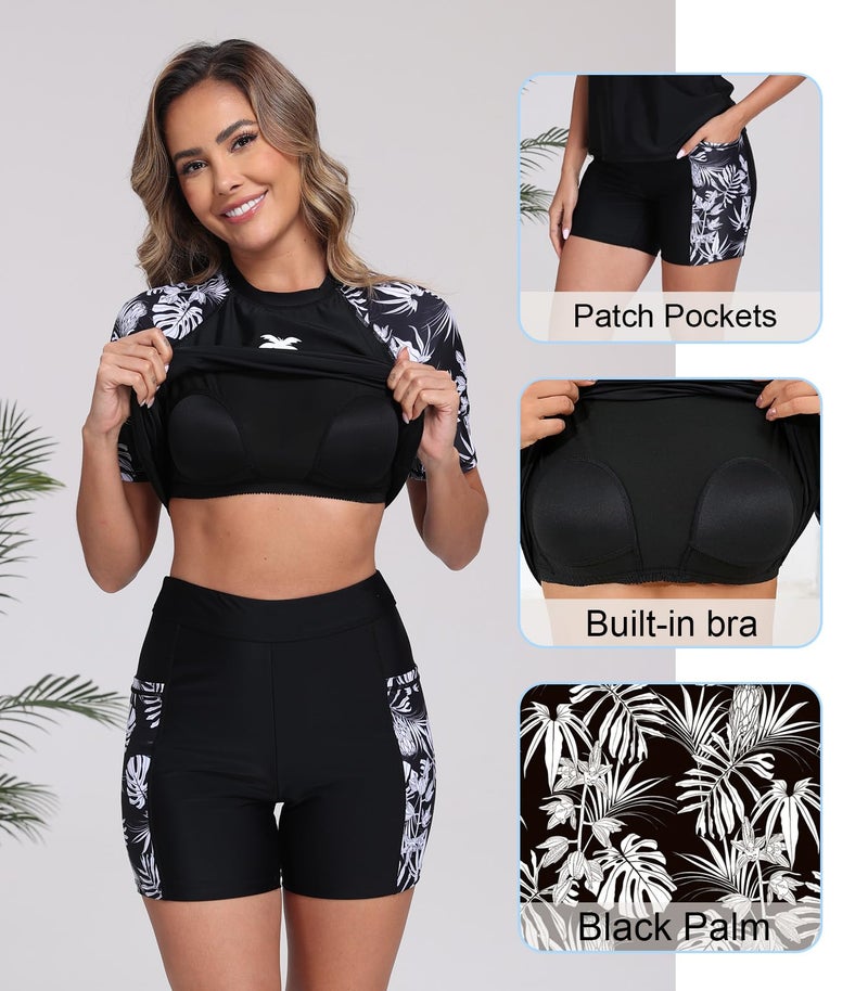Halcurt Womens Short Sleeve Rash Guard Swim Shirt Two Piece Swimsuits with Built in Bra Long Shorts Black M - Image 5