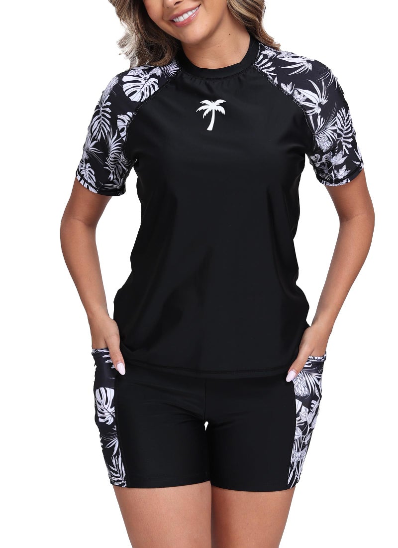Halcurt Womens Short Sleeve Rash Guard Swim Shirt Two Piece Swimsuits with Built in Bra Long Shorts Black M - Image 1
