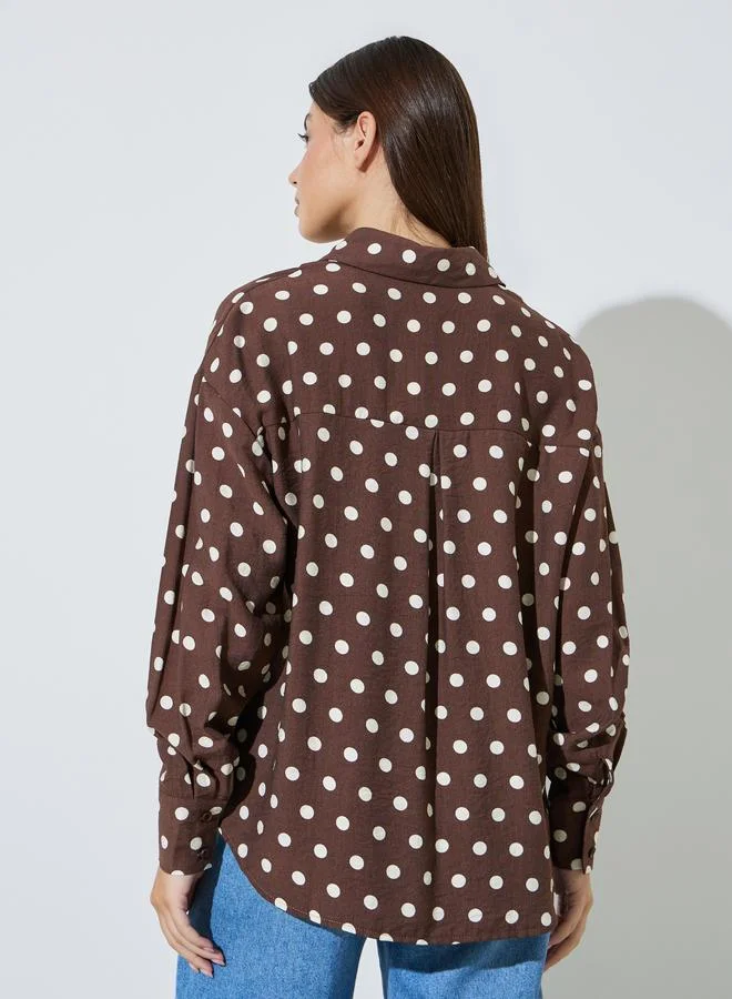 Styli  Brown Polka Dot Long Sleeve Regular Fit Shirt for Women | Best Price UAE