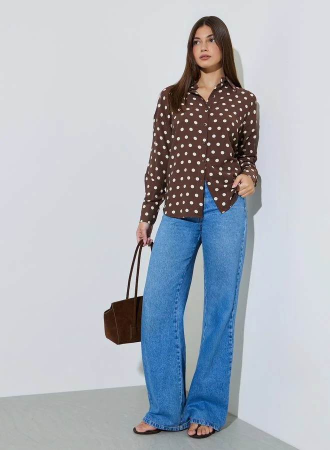 Styli  Brown Polka Dot Long Sleeve Regular Fit Shirt for Women | Best Price UAE