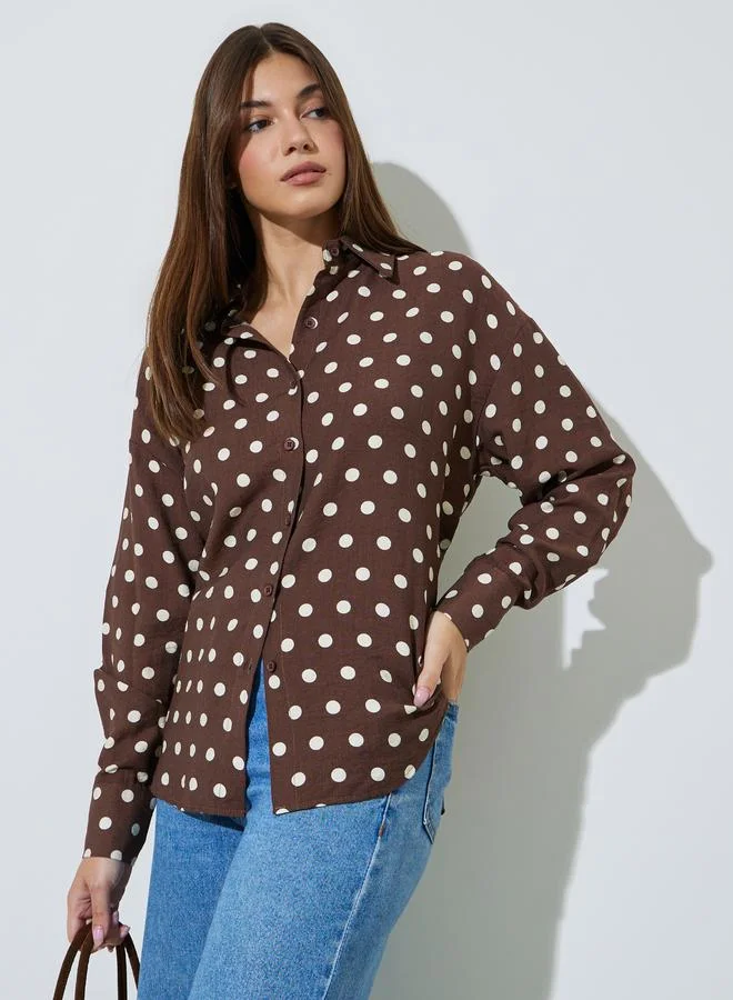 Brown Polka Dot Long Sleeve Regular Fit Shirt