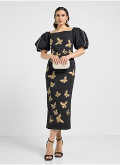 Threadz by Ajooni Balloon Sleeve Laser Cut Dress  - Image 4