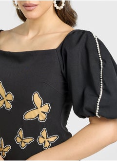 Threadz by Ajooni Balloon Sleeve Laser Cut Dress  - Image 3
