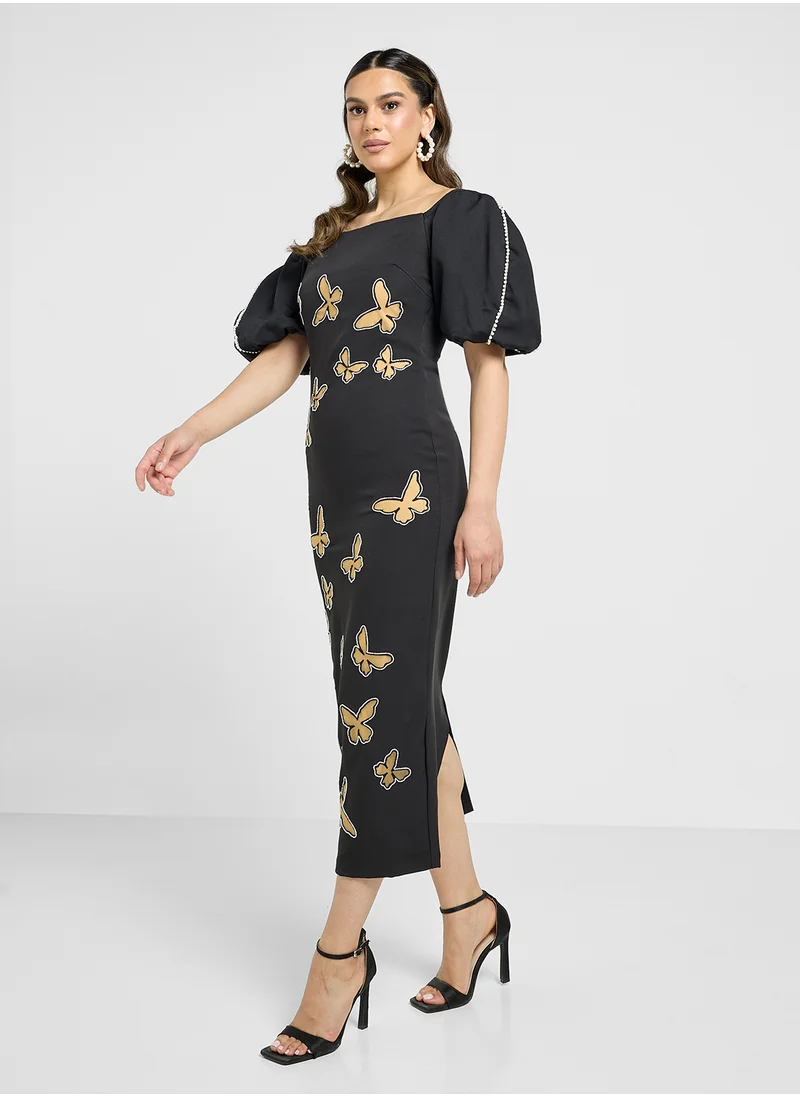 Threadz by Ajooni Balloon Sleeve Laser Cut Dress