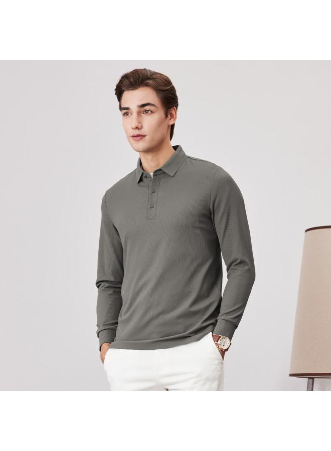 Firs [brushed Thickened] Men's Long Sleeve T-shirt, Waffle Knit Casual Warm Polo Collar Soft Top - Image 3
