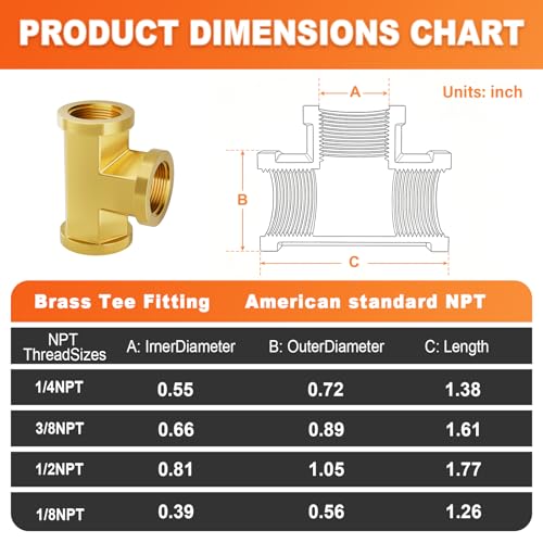 GASHER 8Pcs Brass Tee Fitting 14 x 14 x 14 NPT Female Pipe Fittings - Image 3