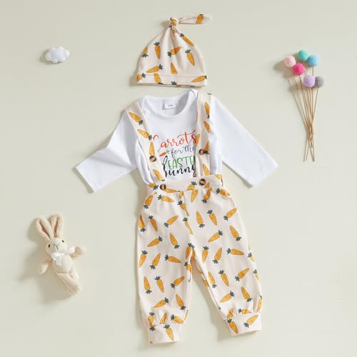 BeQeuewll Easter Newborn Baby Boy 3PCS Clothes Set Infant Long Sleeve Romper Bunny Carrot Suspender Pants Overalls Outfits (Carrots, 3-6 Months) - Image 2