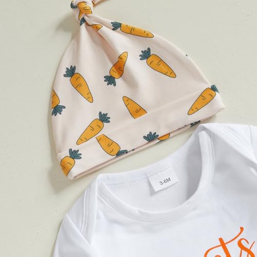 BeQeuewll Easter Newborn Baby Boy 3PCS Clothes Set Infant Long Sleeve Romper Bunny Carrot Suspender Pants Overalls Outfits (Carrots, 3-6 Months) - Image 4