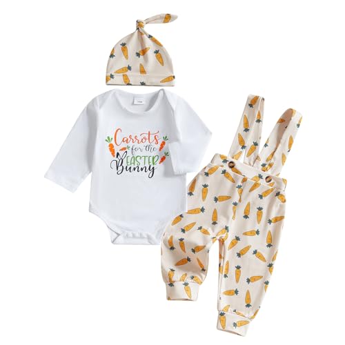 BeQeuewll Easter Newborn Baby Boy 3PCS Clothes Set Infant Long Sleeve Romper Bunny Carrot Suspender Pants Overalls Outfits (Carrots, 3-6 Months) - Image 1