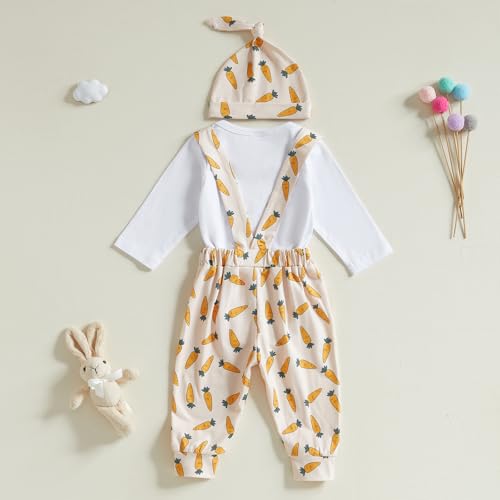 BeQeuewll Easter Newborn Baby Boy 3PCS Clothes Set Infant Long Sleeve Romper Bunny Carrot Suspender Pants Overalls Outfits (Carrots, 3-6 Months) - Image 3