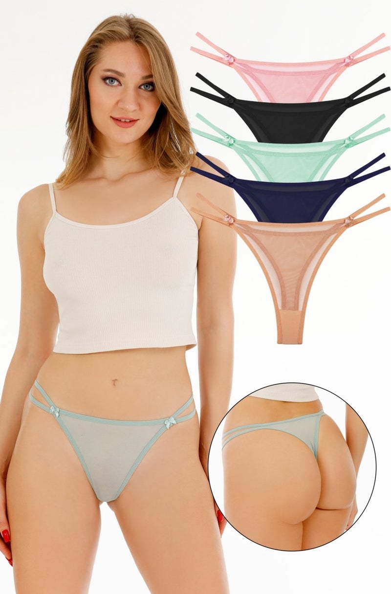 Sensu Women's Tulle Detailed String Waist Thong 5-Piece Panties Set - KTS4003 - Image 1