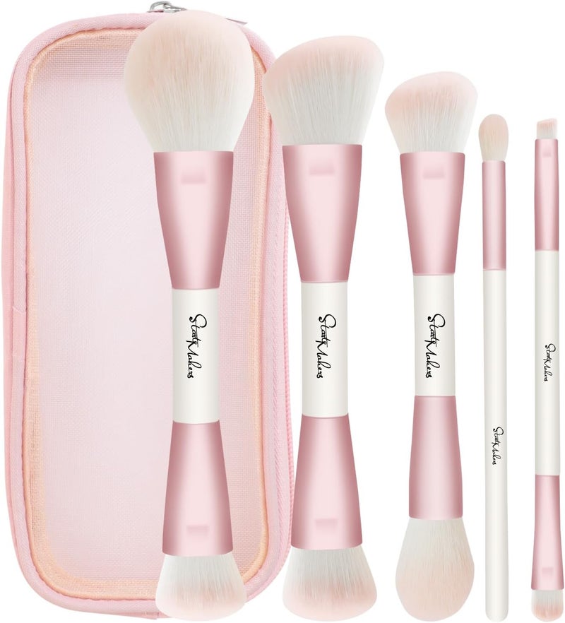 Foundation Brush 5pcs Double Ended Makeup Brushes Kabuki Foundation Concealer Bronzer Blusher Contour Eyeshadow Brow Brush Set for Blending Liquid Powder Cream Highlight