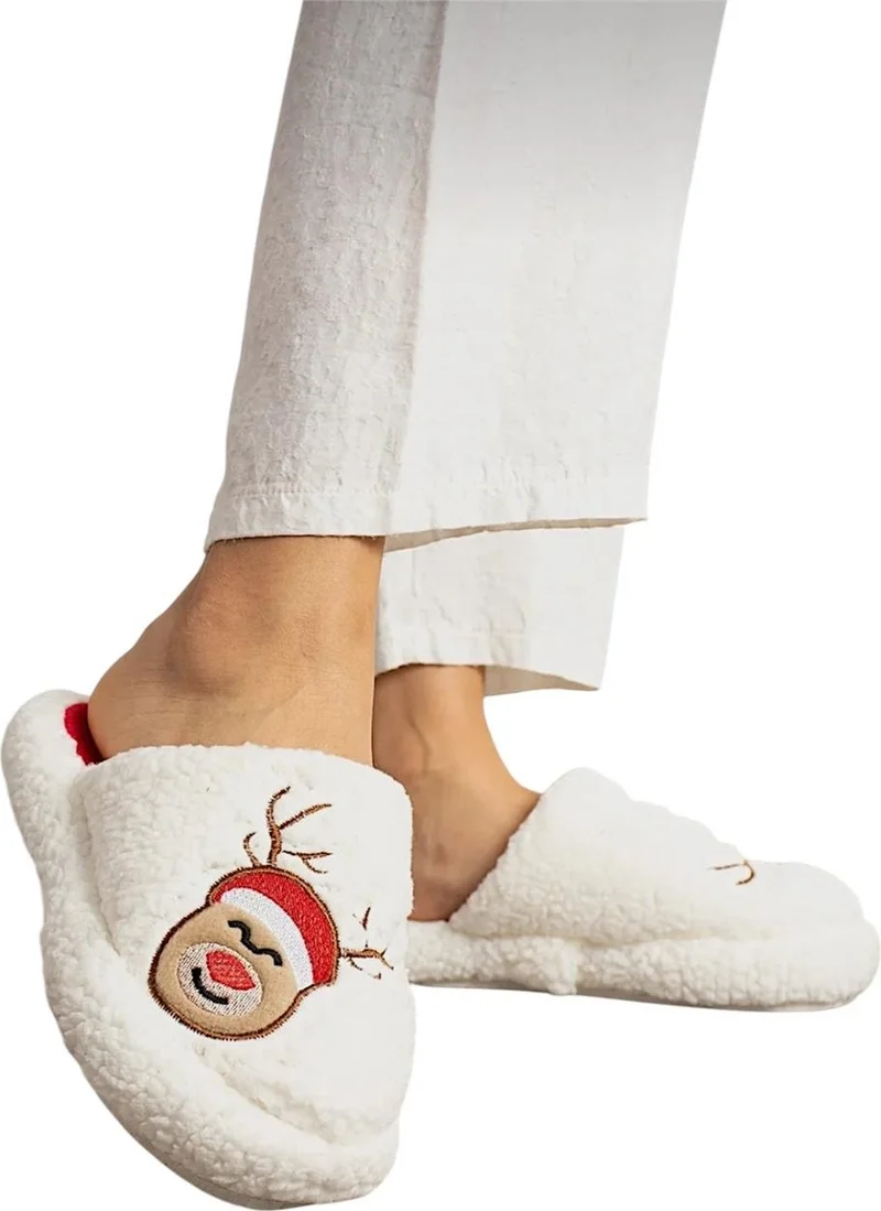 Liger Women's Fluffy Embroidered Home Slippers Dowry Pack Slippers Valentine's Day White - Mink