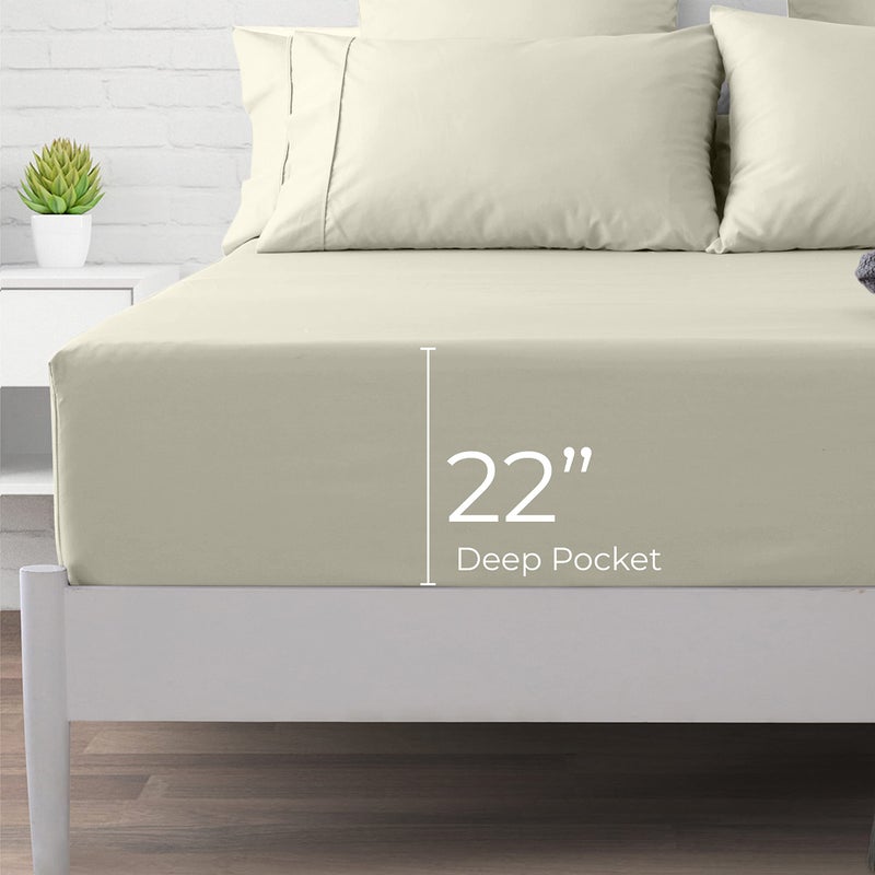 Thread Spread Premium 1000-Thread-Count Egyptian Cotton Twin Fitted Sheet Only - 22"" Deep Pocket Twin Fitted Sheet  Easy Snug Fit  Soft Sateen Weave  Extra Long Staple Cotton Fitted Sheet - Sand - Image 1