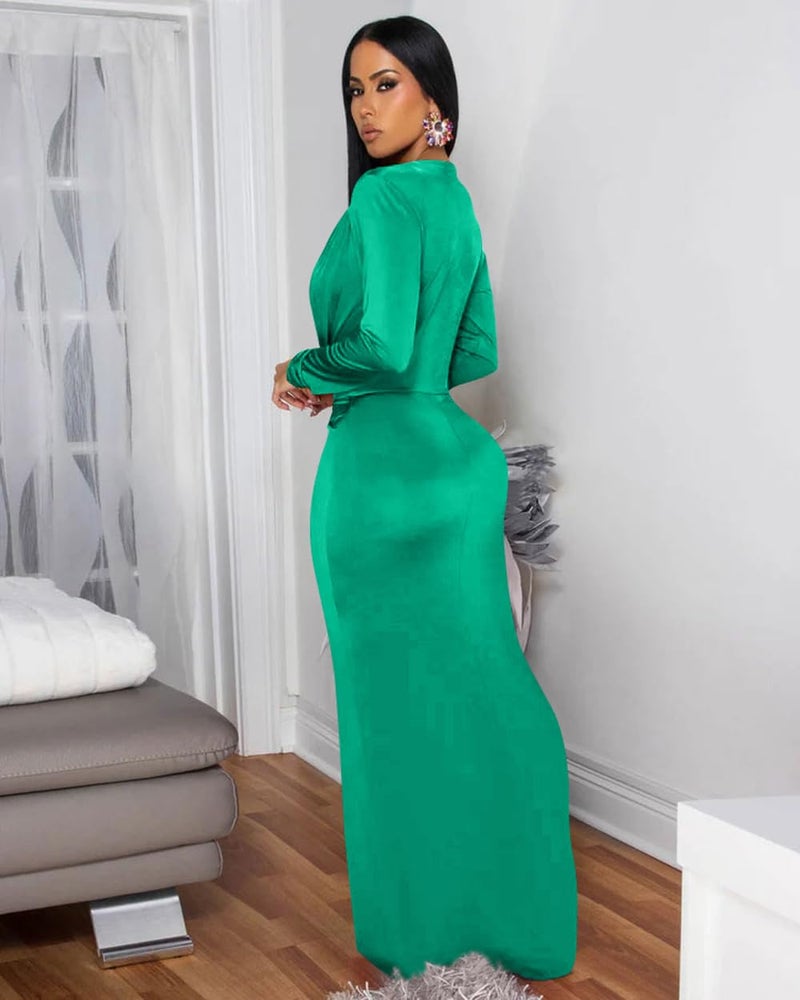 Memoriesea Women's Elegant Long Sleeve Deep V Neck Bodycon Party Evening Gown Maxi Dress Green - Image 3