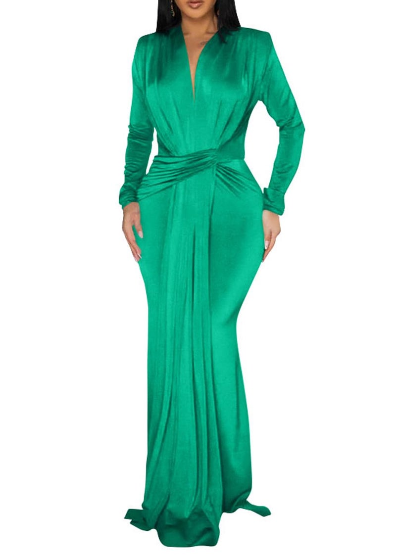 Memoriesea Women's Elegant Long Sleeve Deep V Neck Bodycon Party Evening Gown Maxi Dress Green - Image 1