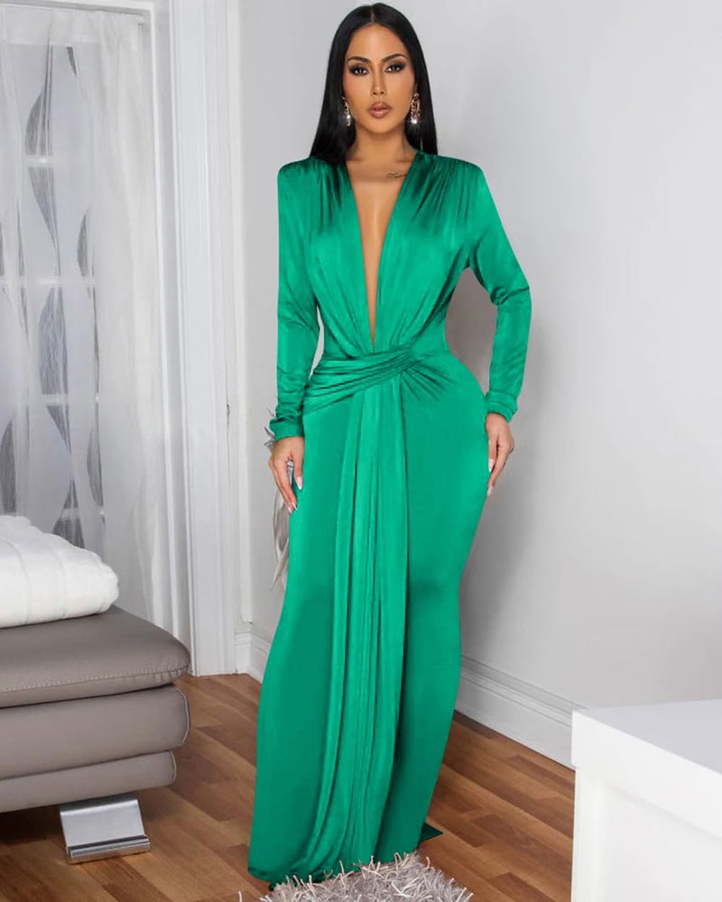 Memoriesea Women's Elegant Long Sleeve Deep V Neck Bodycon Party Evening Gown Maxi Dress Green - Image 2