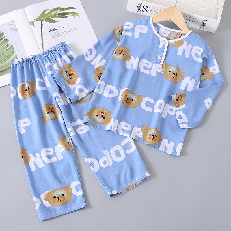 Summer Kidsren'S Baby Cotton Silk Pajamas Long-Sleeved Boys' Thin Air-Conditioned Clothes Girls' Cotton Silk Home Clothes Set - Image 2