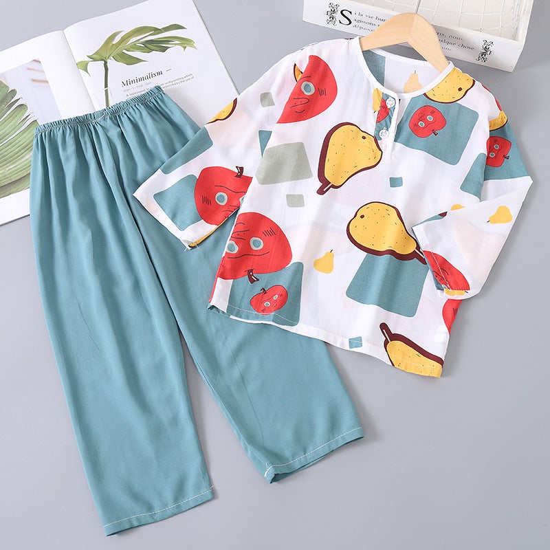 Summer Kidsren'S Baby Cotton Silk Pajamas Long-Sleeved Boys' Thin Air-Conditioned Clothes Girls' Cotton Silk Home Clothes Set - Image 3