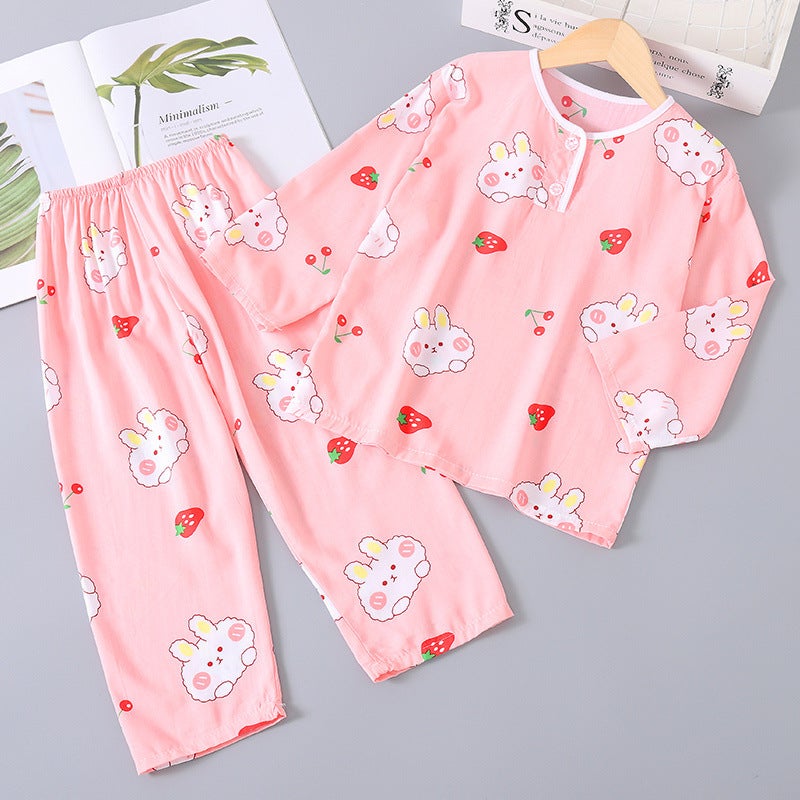 Summer Kidsren'S Baby Cotton Silk Pajamas Long-Sleeved Boys' Thin Air-Conditioned Clothes Girls' Cotton Silk Home Clothes Set - Image 1