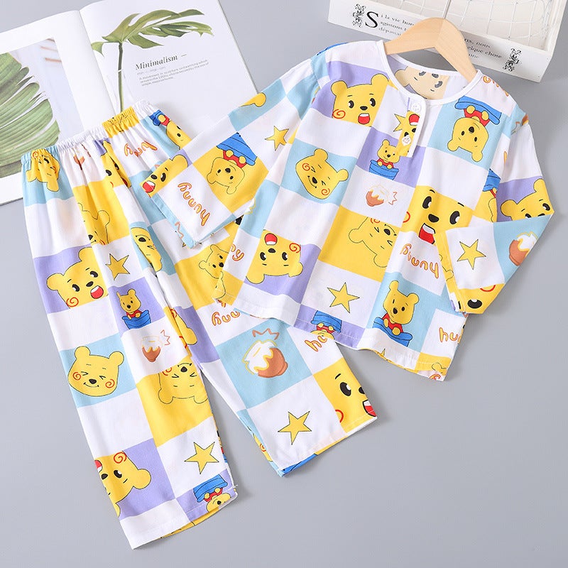 Summer Kidsren'S Baby Cotton Silk Pajamas Long-Sleeved Boys' Thin Air-Conditioned Clothes Girls' Cotton Silk Home Clothes Set - Image 5