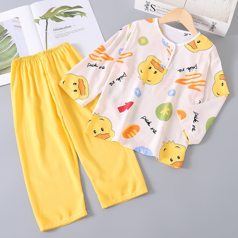 Summer Kidsren'S Baby Cotton Silk Pajamas Long-Sleeved Boys' Thin Air-Conditioned Clothes Girls' Cotton Silk Home Clothes Set - Image 4