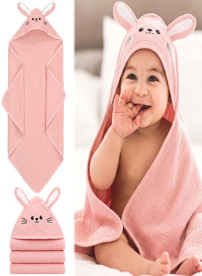 Mindsoft Muslin Hooded Baby Towel 100% Cotton Soft Absorbent Bath Towel with Cute Pink Bunny Design 32 x 32 Inch Muslin Baby Bath Essentials for Girl Babies Infant Toddler Kids - Image 1