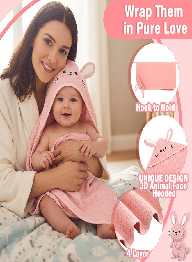 Mindsoft Muslin Hooded Baby Towel 100% Cotton Soft Absorbent Bath Towel with Cute Pink Bunny Design 32 x 32 Inch Muslin Baby Bath Essentials for Girl Babies Infant Toddler Kids - Image 3