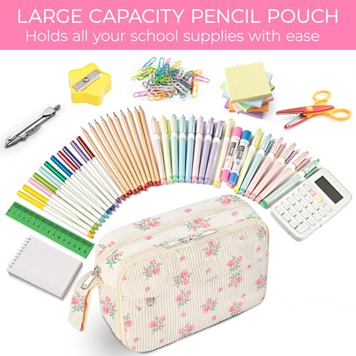 WOBAGMEN Cute Pencil Case for Girls,Large Corduroy Zippered Pencil Case Pouch, aesthetic Pencil Bag with Compartments, Soft Pencil Pouch School Supplies for Teen Girls Boys and Women(pink floral) - Image 4