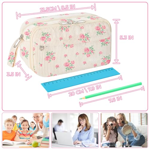 WOBAGMEN Cute Pencil Case for Girls,Large Corduroy Zippered Pencil Case Pouch, aesthetic Pencil Bag with Compartments, Soft Pencil Pouch School Supplies for Teen Girls Boys and Women(pink floral) - Image 2