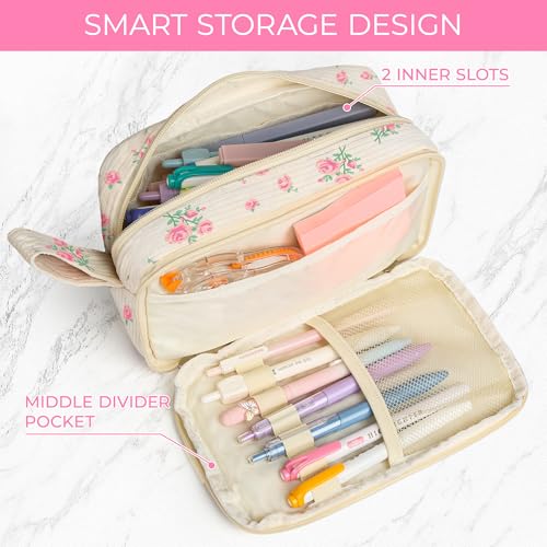 WOBAGMEN Cute Pencil Case for Girls,Large Corduroy Zippered Pencil Case Pouch, aesthetic Pencil Bag with Compartments, Soft Pencil Pouch School Supplies for Teen Girls Boys and Women(pink floral) - Image 5