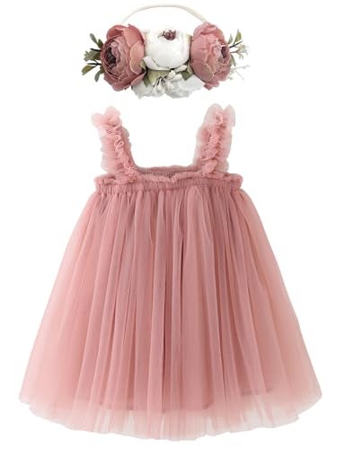 BGFKS Layered Tulle Tutu Dress for Toddler Girls,Baby Girl Rainbow Tutu Princess Skirt Set with Flower Headband.(Dusty Rose,12 Months) - Image 1