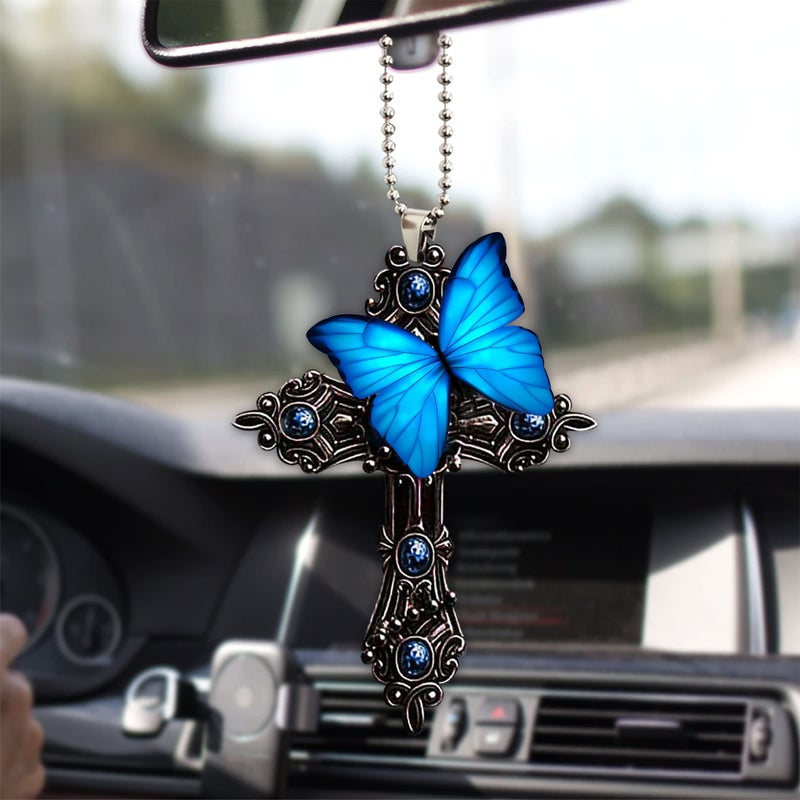 Talataca Blue Butterfly Pray for God Jesus CROS Christian 2D Flat Car Rear View Mirror Accessories Christmas Tree Ornament Decoration Hanging Charm Interior Rearview Pendant Decor Gift