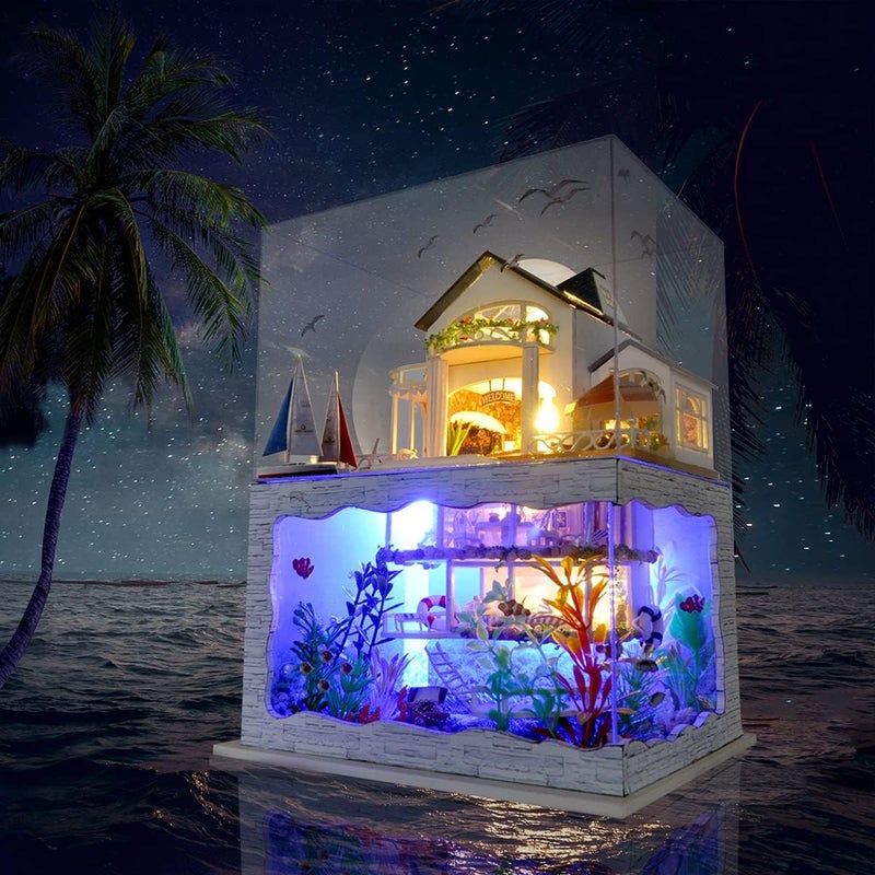 طقم منزل دمى مصغر DIY â1:24 مقياس فيلا حديثة على شاطئ البحر مع أثاث LED غطاء غبار L âهدية حرفية مصنوعة يدويًا للأطفال في عيد الميلاد وزينة المنزل انطباع هاواي - Image 5