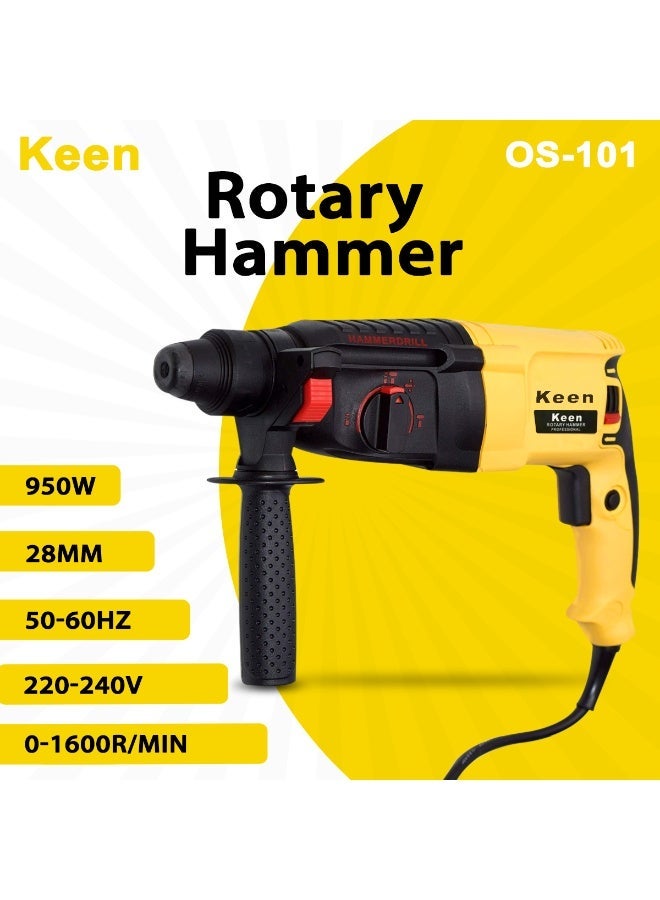 كين مثقاب مطرقي احترافي من Keen، بقوة 950 واط وقطر 28 مم (نظام SDS Plus)، يعمل بجهد 220-240 فولت وسرعة دوران 0-1600 دورة في الدقيقة. آلة حفر كهربائية بثلاثة أوضاع تشغيل (أمامي/خلفي)، مصممة للأعمال الشاقة وأعمال حفر الجدران الخرسانية. - Image 1